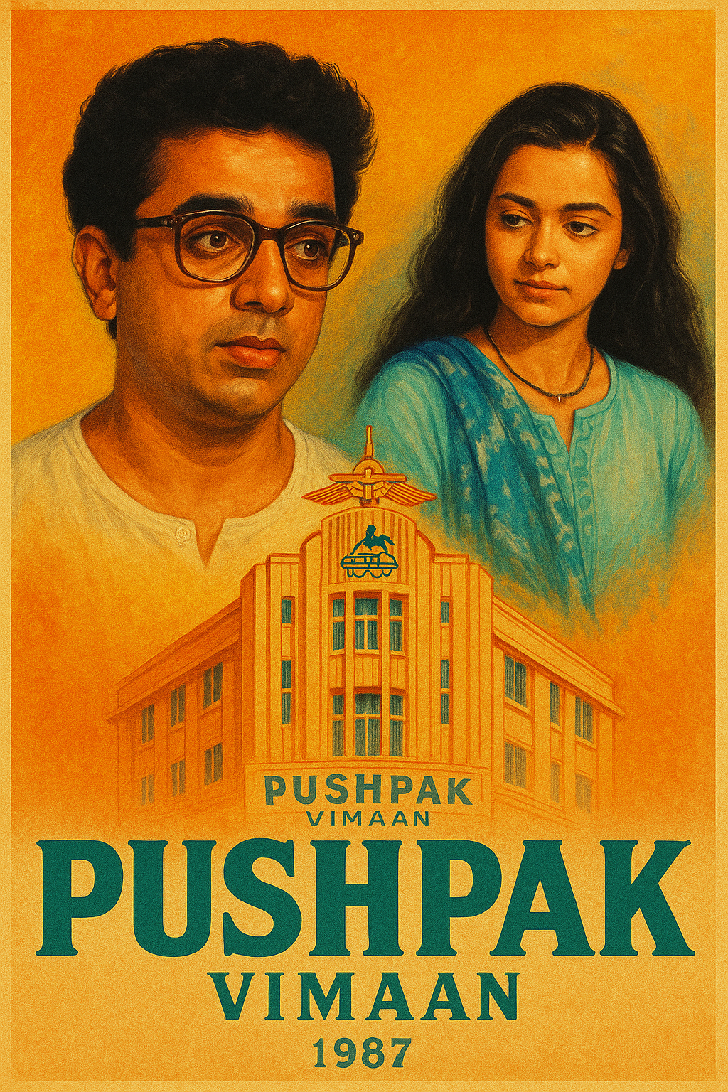 Vintage-style poster of the 1987 silent film Pushpak Vimaan featuring Kamal Haasan, Amala Akkineni, and an art-deco hotel illustration with warm, retro colors.