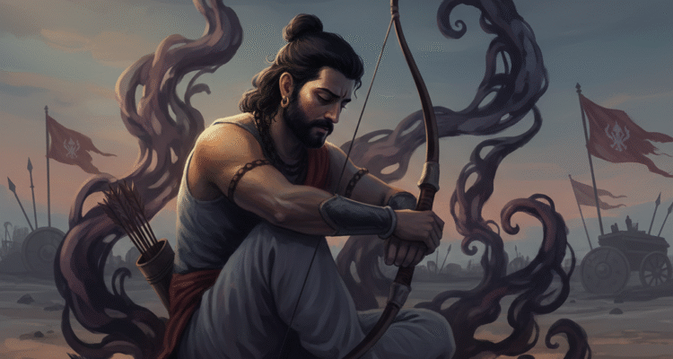 A contemplative digital painting in muted, somber tones depicting the epic hero Arjuna sitting alone on a twilight battlefield. His posture is bowed, reflecting deep anxiety and inner conflict. Soft light highlights his vulnerable face. He is surrounded by abstract, swirling dark shapes and shadows that visually represent mental turmoil and existential dread. Subtle traditional Indian war elements, like worn flags and ancient weapons, ground the scene in the Mahabharata context