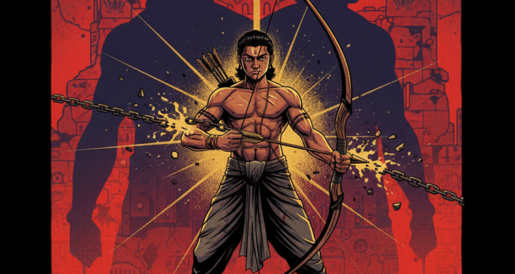 A powerful digital artwork depicting Ekalavya, the lower-caste archer from the Mahabharata, standing defiantly with a drawn bow, actively breaking thick metal chains symbolizing caste oppression. The scene uses bold colors like red, black, and gold to symbolize struggle and resistance. In the background, the shadowed, distorted figures of upper-caste characters like Drona and Arjuna loom, representing rigid social hierarchy. Subtle traditional Indian script and motifs are woven into the background, emphasizing cultural depth and the narrative of social injustice.