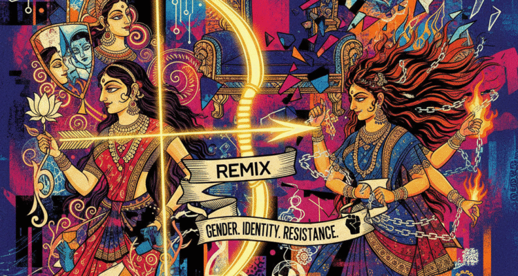 A vibrant, vertical digital collage blending traditional Indian miniature painting styles with modern graphic novel aesthetics. The image features stylized depictions of Sita and Draupadi holding symbolic items, interwoven with a glowing golden bow and arrow and a fractured royal throne. The background is a dynamic mix of abstract neon patterns, glitch effects, and bold colors like deep blue, fiery orange, and magenta, representing themes of gender, identity, and resistance.