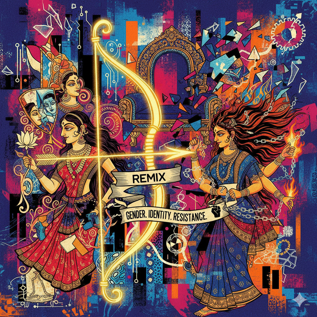 A vibrant, vertical digital collage blending traditional Indian miniature painting styles with modern graphic novel aesthetics. The image features stylized depictions of Sita and Draupadi holding symbolic items, interwoven with a glowing golden bow and arrow and a fractured royal throne. The background is a dynamic mix of abstract neon patterns, glitch effects, and bold colors like deep blue, fiery orange, and magenta, representing themes of gender, identity, and resistance.