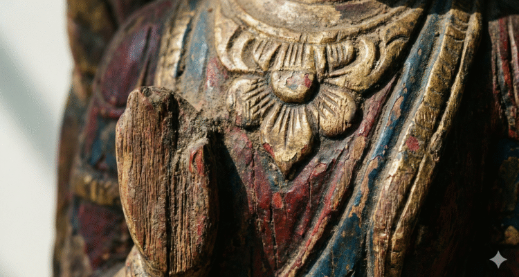 A detailed close-up photograph of an antique wooden statue, showing a weathered hand and torso with richly carved floral ornaments. The wood is rough and cracked, with chipped remnants of red, deep blue, and gold paint visible throughout, covered in a layer of fine dust.