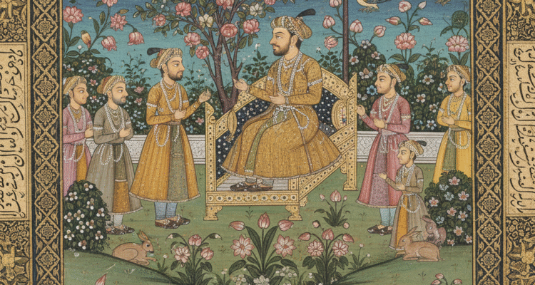 A highly detailed Mughal miniature painting depicting a serene court scene in a lush garden. A central regal figure is seated on an ornate throne, surrounded by attendants, blossoming trees, flowers, and animals like rabbits and fish in a stream, all framed by elaborate calligraphic borders