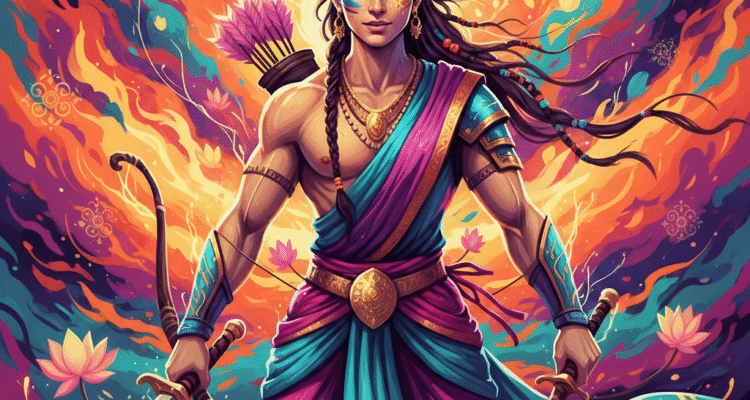 An expressive, contemporary digital painting of Shikhandi from the Mahabharata, portrayed with fluid, non-binary features—a blending of masculine and feminine characteristics in dress, posture, and facial structure. Shikhandi stands confidently, surrounded by a vibrant, surreal atmosphere of layered brushstrokes and abstract patterns in pink, purple, and blue hues (colors of the Pride flag). Subtle traditional Indian motifs, such as stylized lotus flowers and intricate gold patterns, are woven into the dynamic, emotive background.