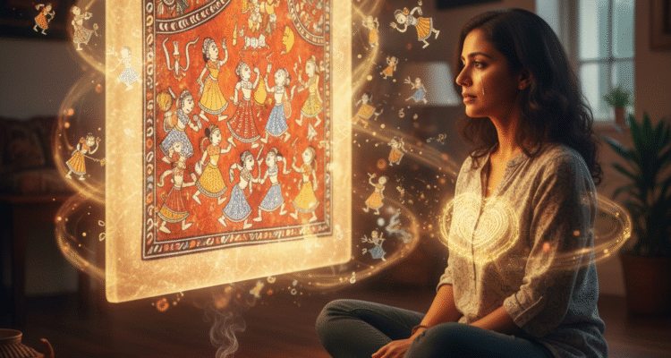 A woman sits cross-legged on a cushion in a dimly lit room, gazing intently at a large, glowing, ethereal projection of an Indian folk art painting. Small, animated figures from the painting float around it, connected by shimmering light to the woman's chest, suggesting a deep, immersive connection.
