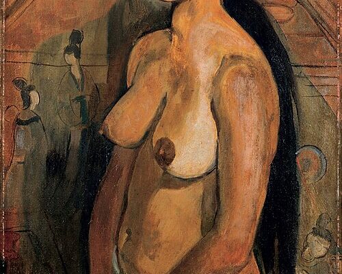 Painting of Amrita Sher-Gil with bare shoulders and crossed arms, gazing directly at the viewer against a flat, warm background, evoking solitude and sensuality