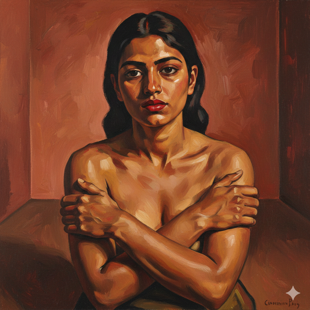 Oil painting of a young South Asian woman with bare shoulders, sitting in a corner of a warm reddish-brown room, arms crossed tightly over her chest and gazing directly at the viewer with a calm but melancholic expression.