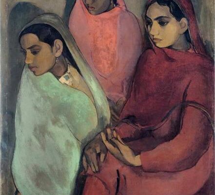 Oil painting of three young Indian women seated close together in bright saris, each staring in a different direction with downcast, melancholic expressions against a flat, muted background.